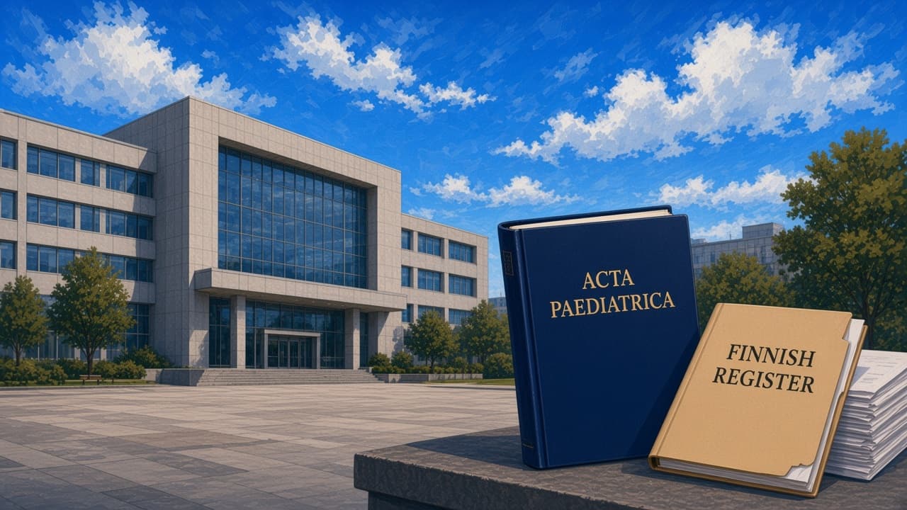 Editorial illustration of a clinic building, Acta Paediatrica, and a Finnish register folder