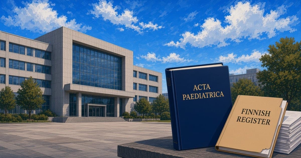 Editorial illustration of a clinic building, Acta Paediatrica, and a Finnish register folder