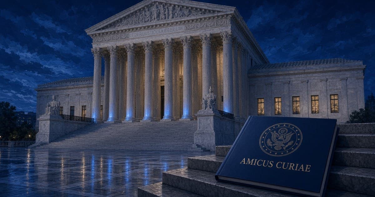 Editorial illustration of the Supreme Court at night and a navy amicus brief