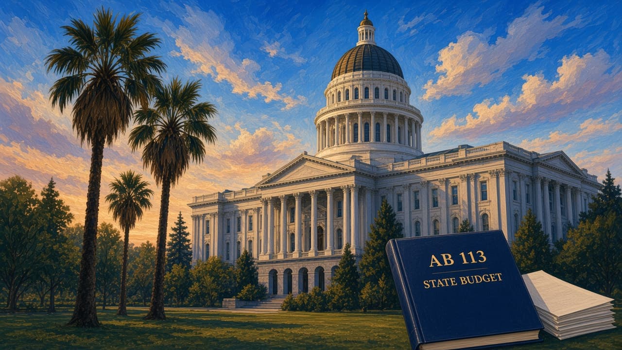 Editorial illustration of the California State Capitol and an AB 113 state-budget book