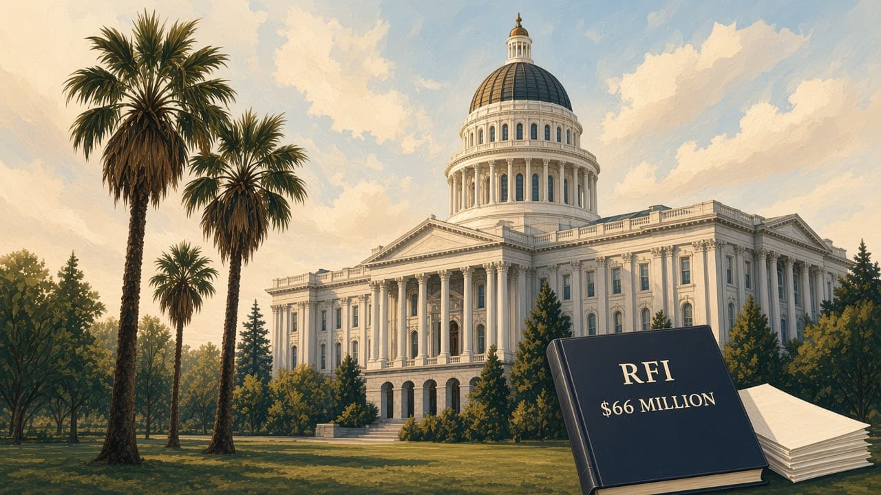 Editorial illustration of the California State Capitol and a sealed RFI dossier for $66 million