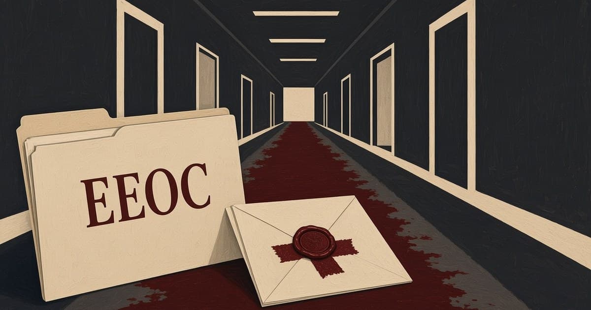 Charcoal hospital corridor and cream settlement folder beside a sealed medical chart, with EEOC in oxblood
