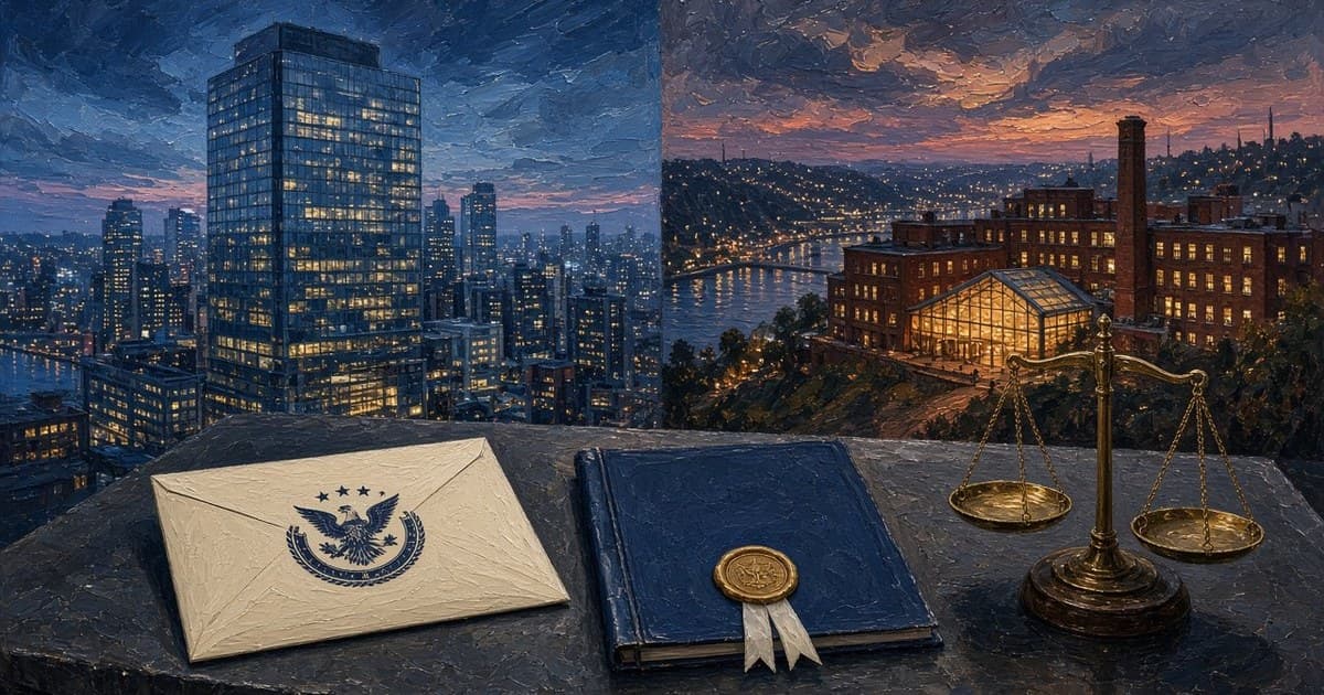 Editorial illustration of a courthouse at night, two sealed settlement folders, and a hospital wing