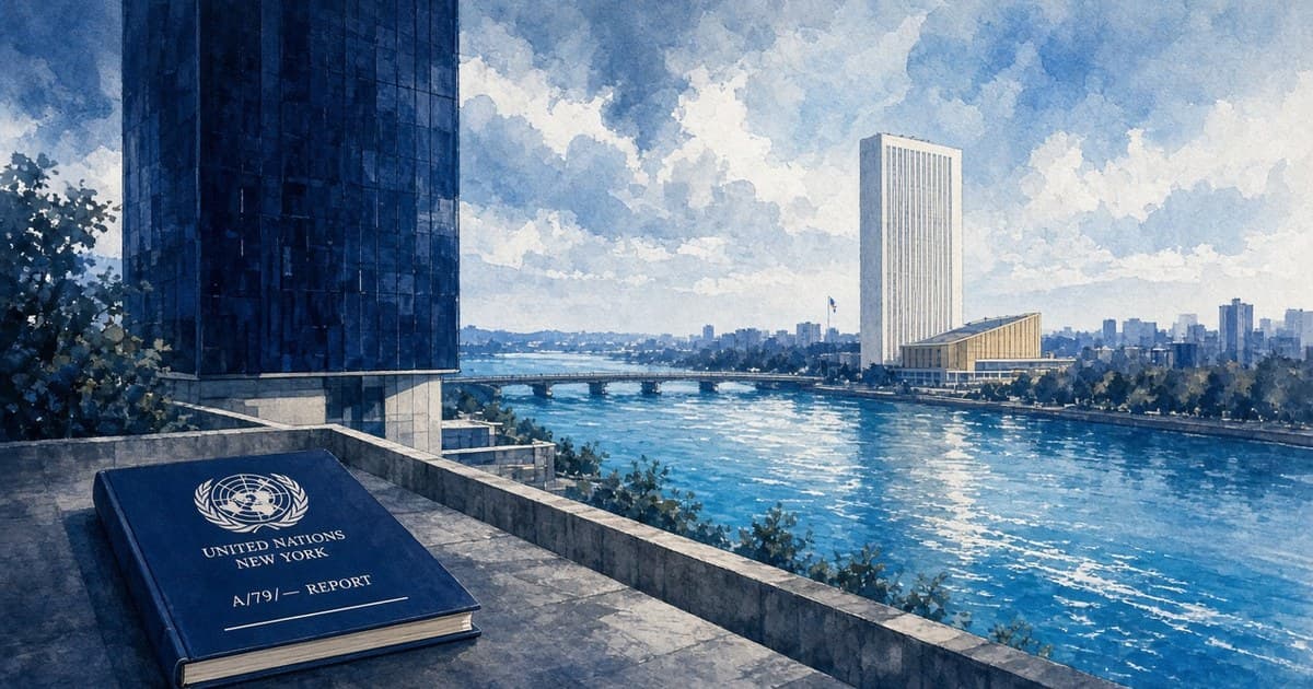 Editorial illustration of United Nations headquarters along the river
