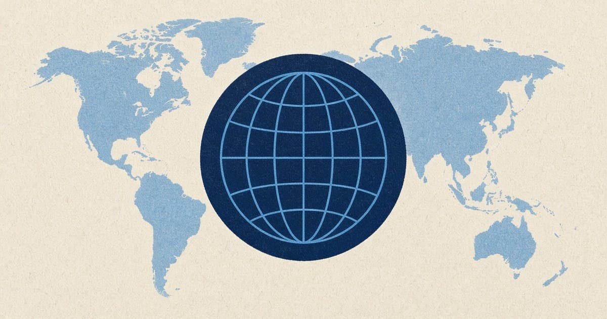 Editorial illustration of continents and a navy circular emblem