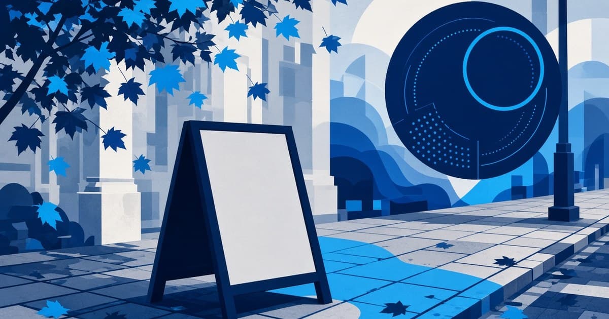 Editorial illustration of a blank sidewalk board and a navy circular emblem