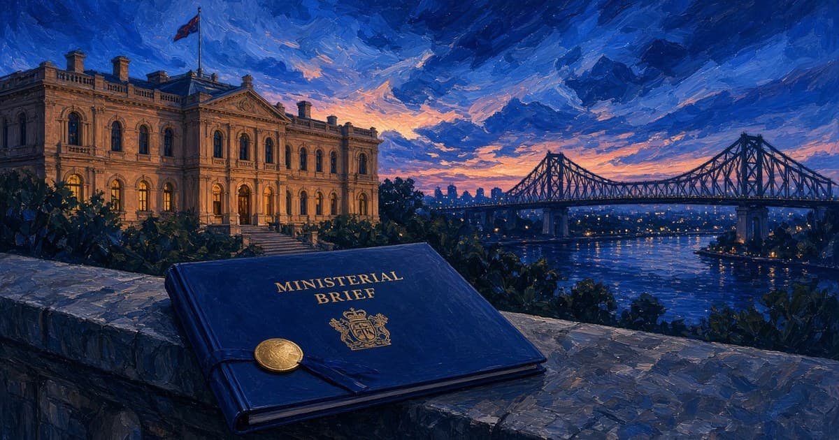 Editorial illustration of Queensland Parliament House and a sealed ministerial folder