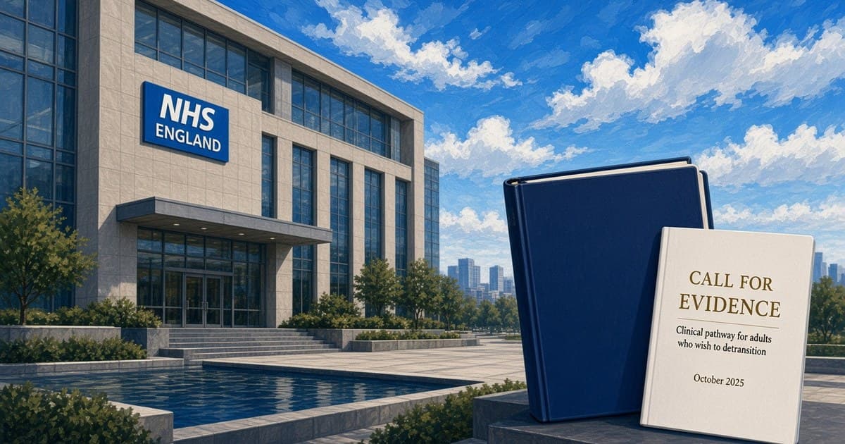 Editorial illustration of an NHS England building and a call-for-evidence booklet on detransition