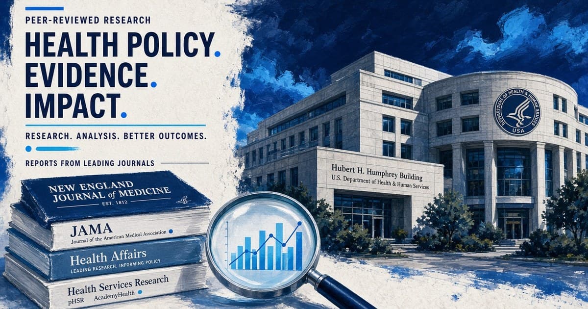 Editorial illustration of an HHS-style federal building, stacked journals, and a magnifying glass