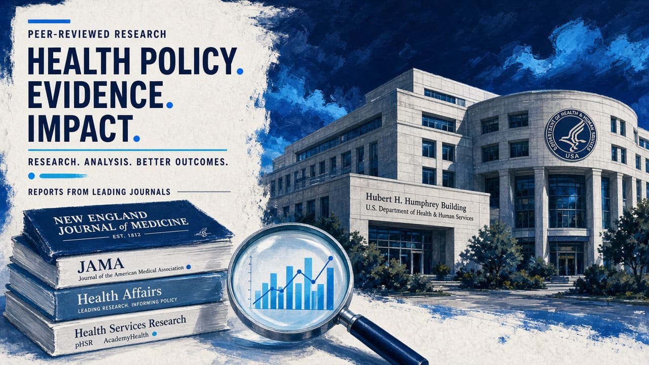 Editorial illustration of an HHS-style federal building, stacked journals, and a magnifying glass