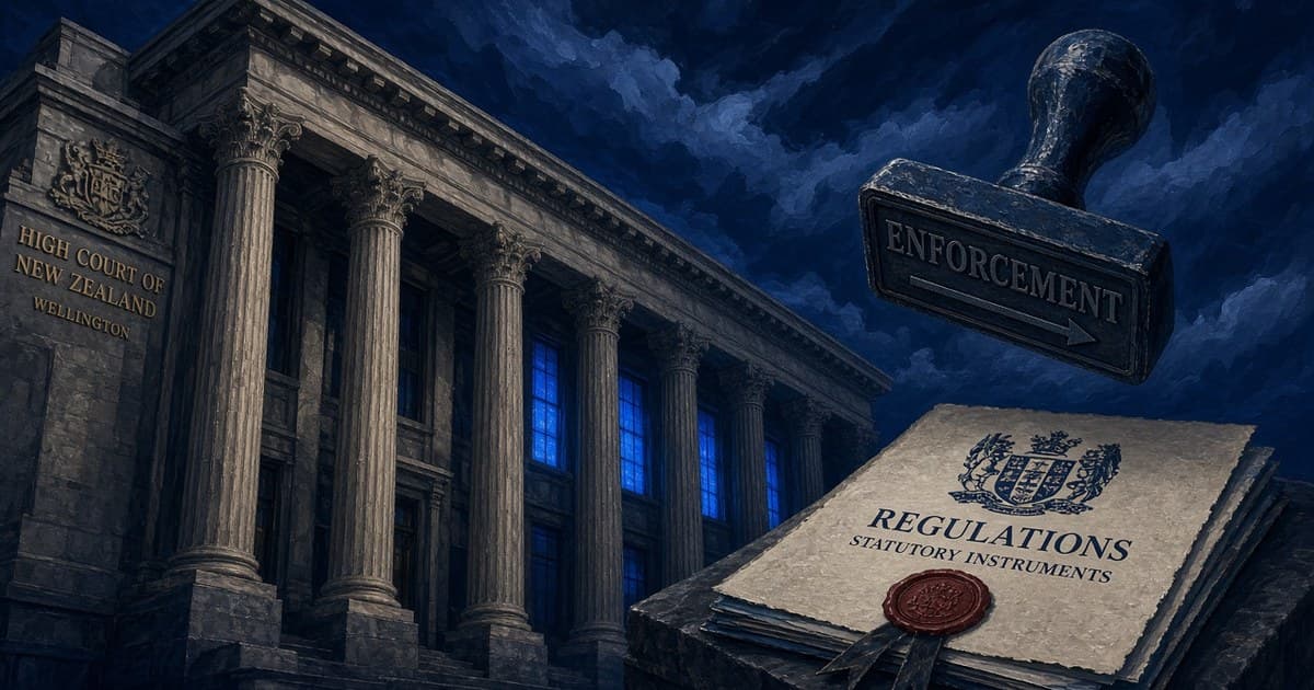 Editorial illustration of the High Court of New Zealand colonnade