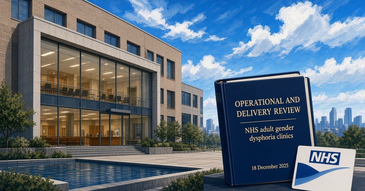 Editorial illustration of an NHS clinic building and Levy’s operational review binder dated 18 December 2025