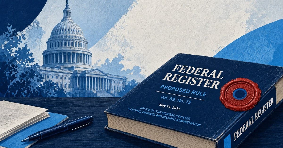 Editorial illustration of the U.S. Capitol and a Federal Register volume