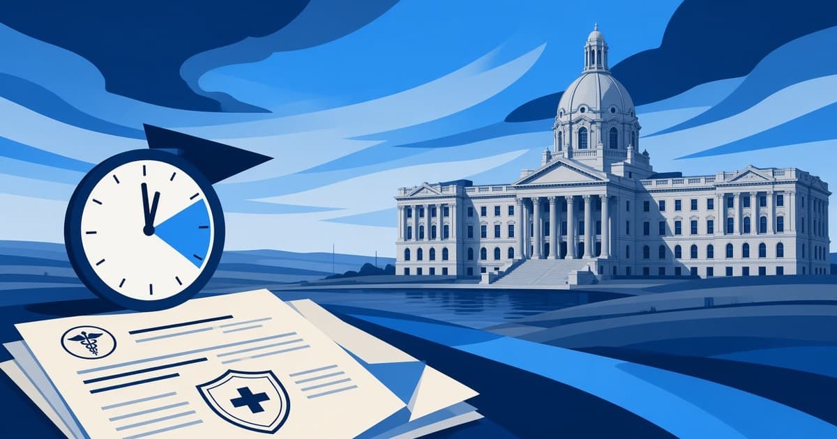 Editorial illustration of the Alberta Legislature Building and a clock