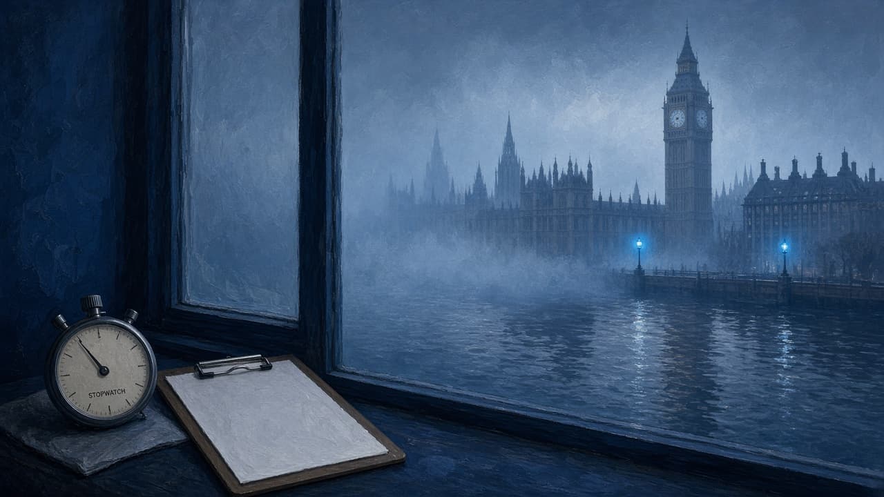 Editorial illustration of the Houses of Parliament across the Thames and a paused stopwatch