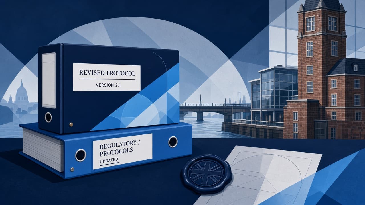 Editorial illustration of protocol binders beside a Thames-side building