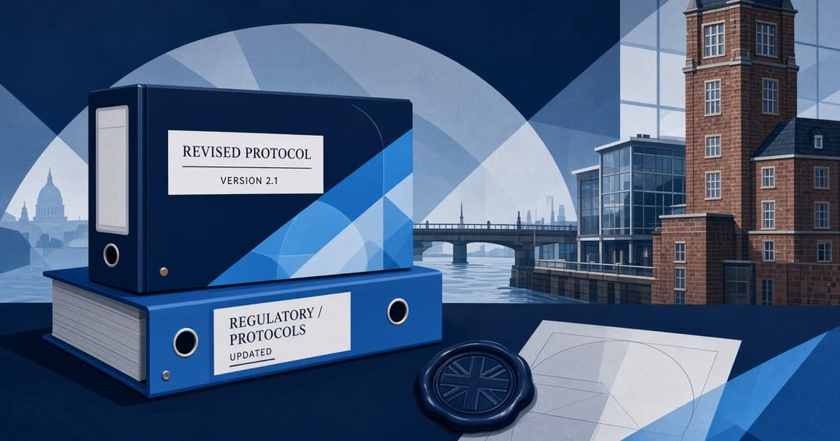 Editorial illustration of protocol binders beside a Thames-side building
