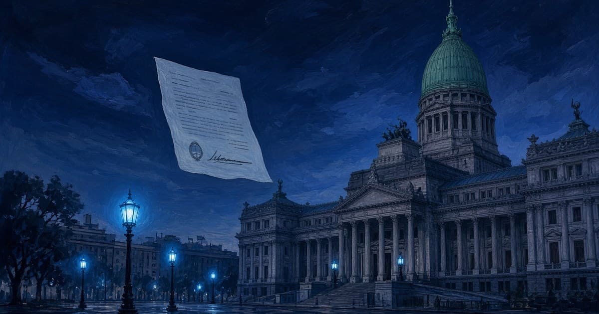 Editorial illustration of Argentina’s Congreso with a suspended legal document