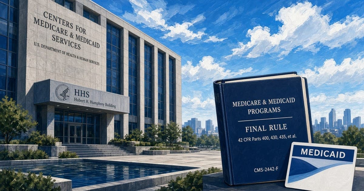 Editorial illustration of an HHS campus and a final-rule binder