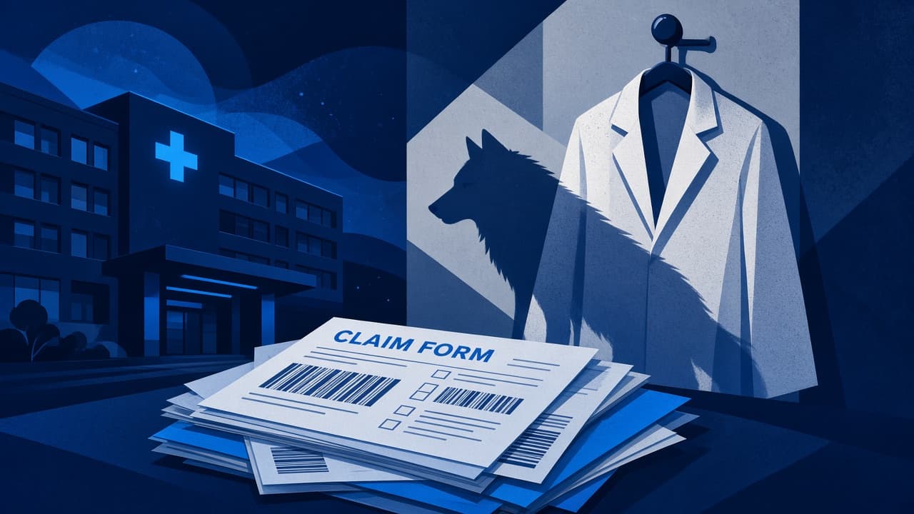 Editorial illustration of an empty white coat, wolf silhouette, and claim forms