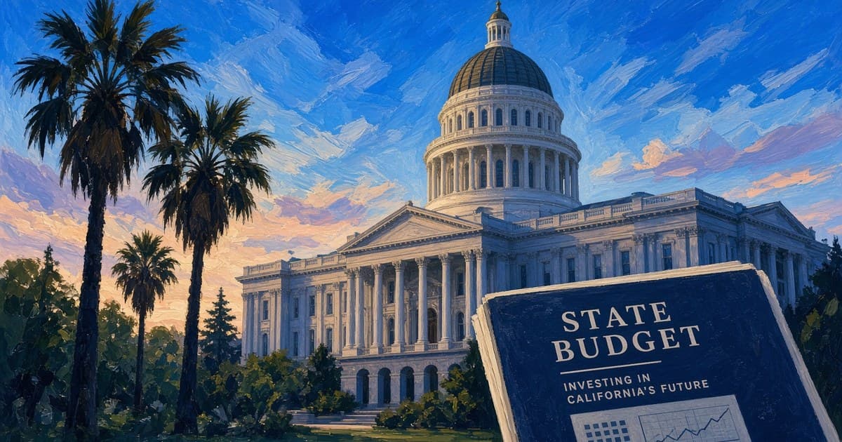 Editorial illustration of the California State Capitol and a budget folio