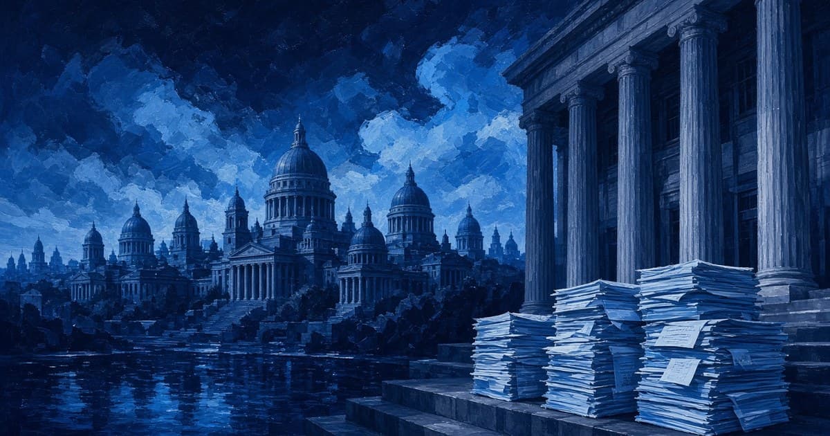 Editorial illustration of multiple capitol domes and a federal courthouse