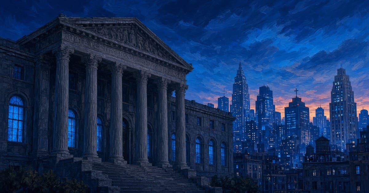 Editorial illustration of a New York federal courthouse at dusk