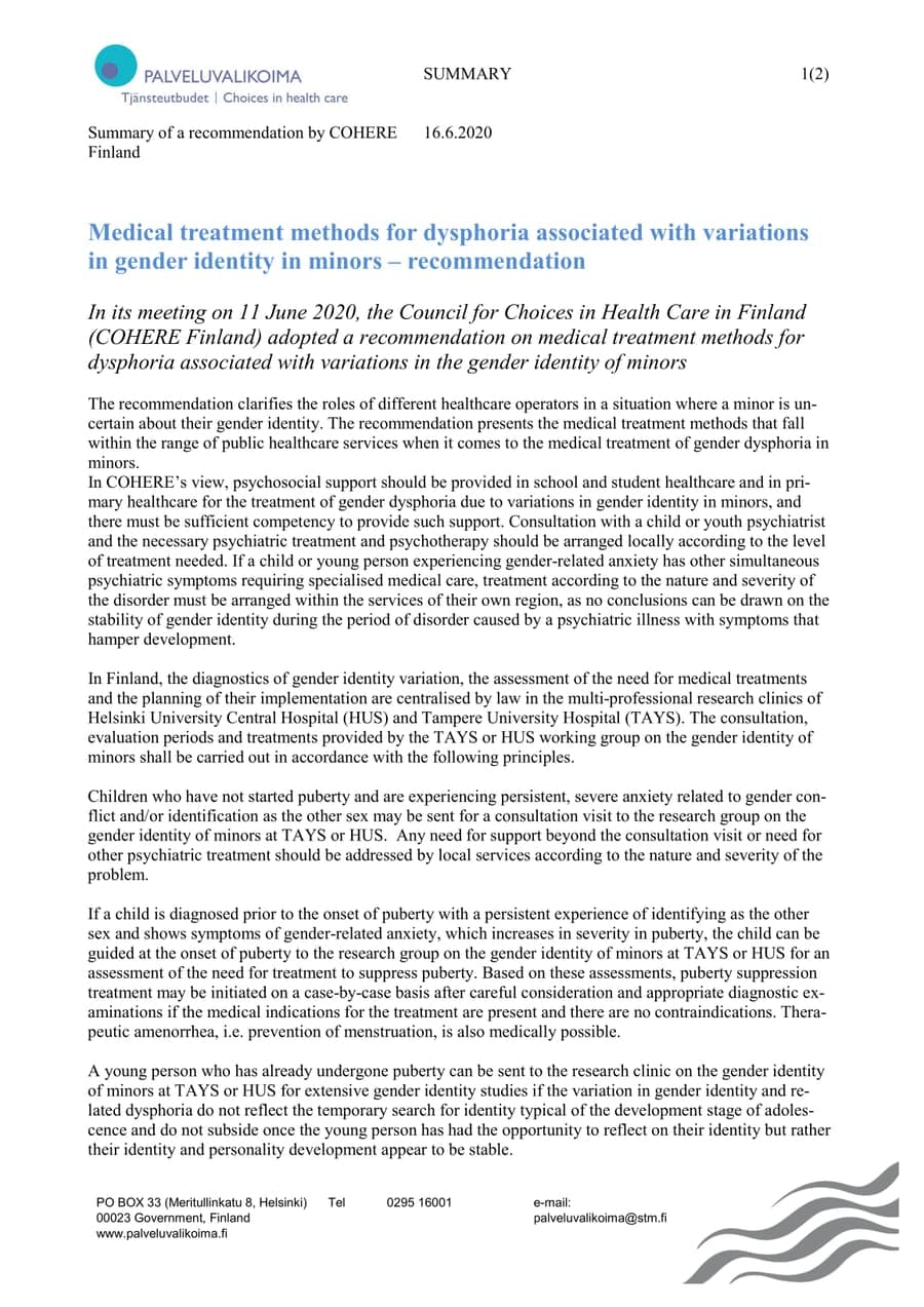 First page of COHERE Finland’s English summary on medical treatment methods for dysphoria in minors, 16 June 2020