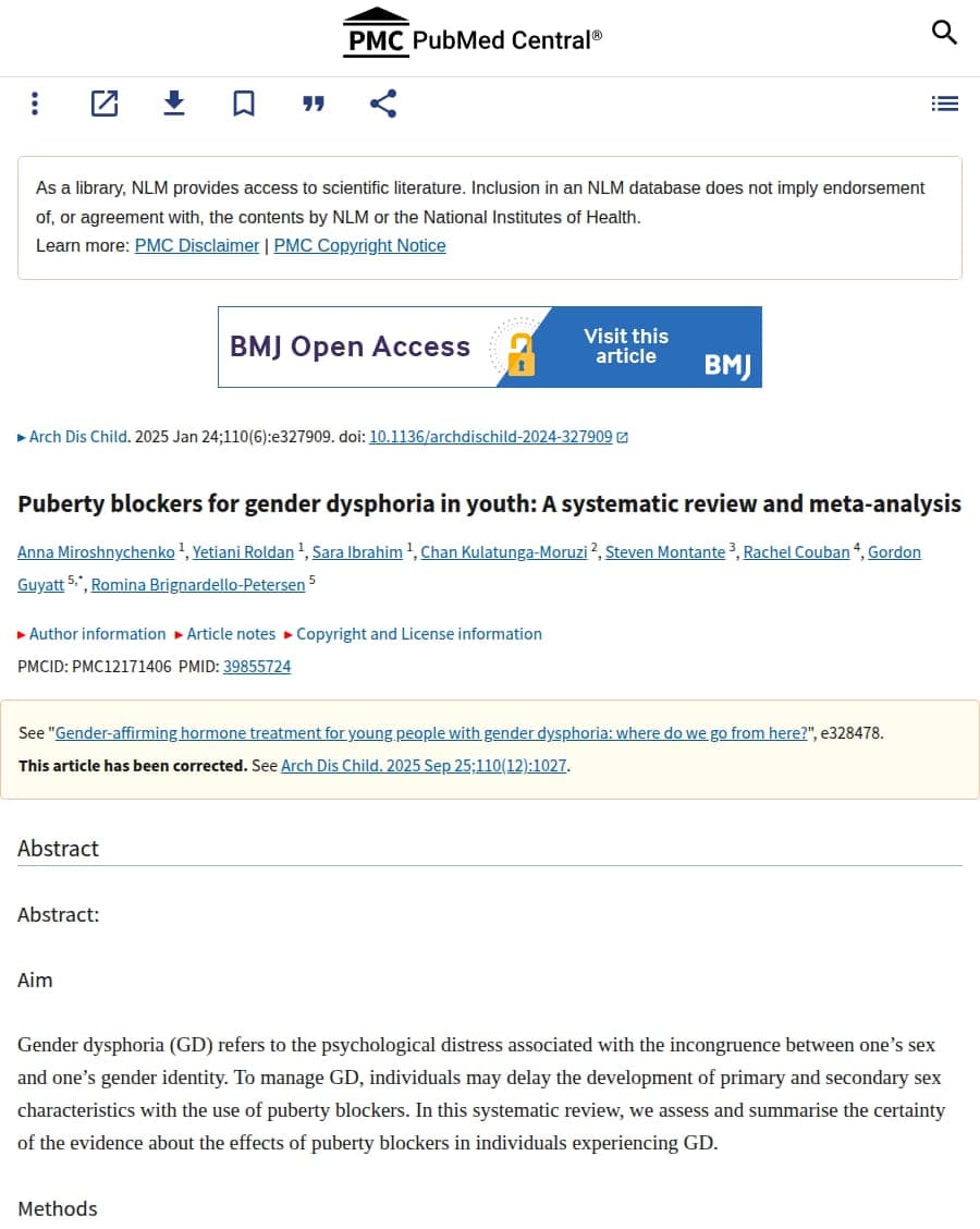 First page of Miroshnychenko et al., Archives of Disease in Childhood: Puberty blockers for gender dysphoria in youth